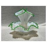 Fenton French opalescent diamond lace with emerald crest 3-horn epergne