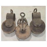 3 Vintage wooden pulleys