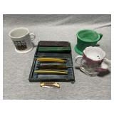 Straight razors, shaving mugs, tea cup, etc.