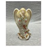 Fenton satin glass angel, hand painted, artist signed, sticker