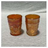 Pair of marigold carnival glass tumblers, 4" T