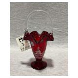 Fenton ruby red basket, hand painted, artist signed