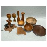 Wooden serving bowls, goblets, candle holders, etc.