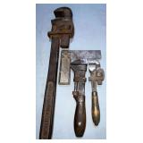Keen Kutter 5" square, pipe wrench, monkey wrench