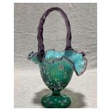 Fenton Dragonfly basket, amethyst and green flower, applied handle, hand painted, artist signed, sticker