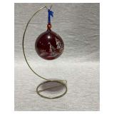 Fenton ruby red ornament, hand painted, artist signed, with stand