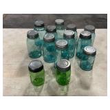 Blue and green Ball jars with lids.