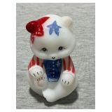 Fenton satin glass teddy bear, artist signed, sticker