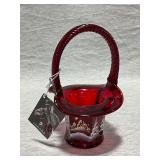 Fenton ruby red basket, hand painted, artist signed, sticker, tag