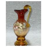 Fenton Art Glass Gold Amberina pitcher, hand painted, artist signed, sticker, 10" T