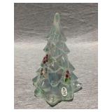 Fenton hand painted iridescent art glass Christmas tree, artist signed, 7" T, label