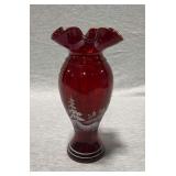 Fenton ruby red vase, hand painted, artist signed