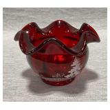 Fenton ruby red rose bowl, hand painted, artist signed,