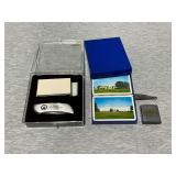 AP Green knife, sharpening stone, playing cards, tape measurer