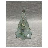 Fenton hand painted iridescent art glass Christmas tree, artist signed, 7" T, label