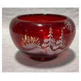 Fenton ruby red rose bowl, hand painted, artist signed