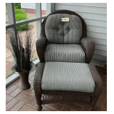 Outdoor Wicker Style Chair & Ottoman, Matches Lot#347, & Metal Bucket Of Reeds