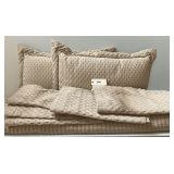 King Size Bedding, 2 Shams, 2 Accent Pillows, 3 Dust Ruffle Panels (2 With Minor Stains, 1 Stained), Bed Spread
