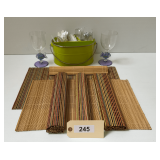 Ten Bamboo Placemats, 5 Not Shown, Plastic Flatware Caddy & 2 Plastic Goblets
