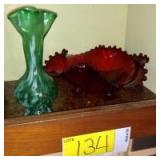 Fluted Green Vase, Ruby Red Dish