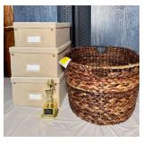 Storage Boxes and Woven Basket with 'Most Extra' Trophy
