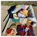 Assorted Household Linens, Novelty Fan, Newell Traverse Rods, and Puppet