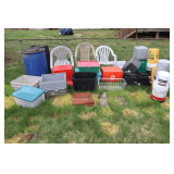 Folding Lid Plastic Crates, 5 Gallon Buckets, (3) Plastic Patio Chairs, Plastic Totes, Folding Plastic Carry Trays, and (2) Barrels
