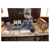 (4) Sanyo Speakers, (2) Durabrand Speakers, Corded HP Keyboard and Mouse, Headset, Granite Ware Watering Can, No. 4 Blue Ball Jar, Wire Cage Raffle Basket, and Misc.