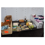 (17) Boxes of Size XL Rubber Gloves, Twisted Cord, Lamp Oil, Wooden Cutting Board, Kentucky Derby Post Cards, Glass Candy Tray, LED Clip Lamp, and Misc.