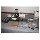 Oster Blender, Krups Food Processor, Toaster, Baking Pans, Fire King Glass Baking Dish, Kitchen Gourmet Food Chopper, and Misc. Kitchen Utensils
