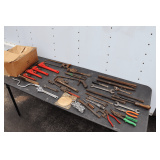 Various Size Pipe Wrenches, Wire Brush, Adjustable Wrenches, 1/2 Inch Drive Speed Wrench, Metal Shears, Hand Saws, Pliers, Chisels, Combination Wrenches, and Misc.
