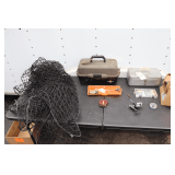 Fish Net, Flambeau Plastic Tackle Box, Metal Tackle Box, Pflueger Reel, South Bend Reel, Gun Cleaning Parts, and Misc. Tackle