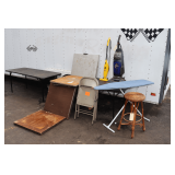 (2) Metal Folding Chairs, Wicker Stools, Hoover Wind Tunnel Vacuum, Eureka Vacuum, Ironing Board, (3) Folding Card Tables, and 5 Ft. Metal Folding Table