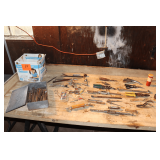 Various Size Chisels, Plumb Bob, Tin Snips, Hex Tools, Drafting Compass, Ribbon Pins, and Misc.