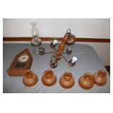 Hanging Chandelier with Amber Glass Globes, Oil Lamp with Globe, and Ingraham Clock