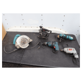 Makita Circular Saw, 3/8 Inch Skil Corded Drill, AEG Corded Drill, Makita 4 Inch Disc Grinder, and Craftsman Scroller Saw