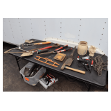 Drill Master Heat Gun, Utility Shovel, Zig Zag Potato Masher, Pruners, Sledgehammer, Ash Scoops, Files, Ratchet Tie Down, Stone Vase, Rope, and Misc.