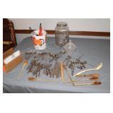Yorkshire Glass Drink Dispenser, Cambridge and International Stainless Forks and Spoons, Glass Candy Dish, Wooden Spoons, and Misc. Utensils