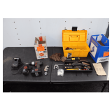 Keter Plastic Tool Box, Craftsman 19.2 V Battery Powered Drill, (2) 19.2 V Batteries and Charger, Pipe Cutter, Brass Fittings, Torch Head, Pins, and Misc.