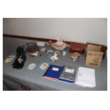 Pitcher and Basin, Umbrellas, Angel Figurines, Notebooks, Purse, Folding Lid Sewing Basket, and Misc.
