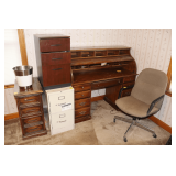 Wooden Roll Top Desk, 2 Drawer Metal Filing Cabinet, 3 Drawer Filing Cabinet, Office Chair, and 4 Drawer Cabinet