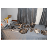 Silver Plated Serving Plates, Candle Stand, Pitcher, Bowl, Ice Bucket with Lids, Butter Tray, Spaghetti Server, and Knife