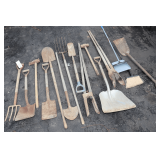 Shovels, (2) Post Hole Diggers, Hay Forks, Splitting Maul, Sledgehammer, and Misc. Hand Tools