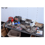Commercial Electric Flood Light, Penske Automotive Analyzer, Funnels, Machete, Turkey Decoys, Tool Belt, Hanson Hawk Tune up Analyzer, and Misc.