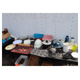 Plastic Curved Dimple Baskets, Plastic Totes, Glass Coca Cola Glass, Clear Glass Snack Plates, Cookie Pan, Serving Tray, Decorative Plates, Corelle Bowls, and Misc.