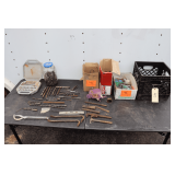 Various Size Drill Bits,  1/4 Inch Drive Sockets, Thread File, Milk Crate, Screw Bits, (2) Crowbars, and Misc.