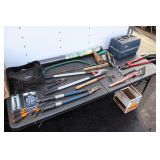 Pruners, Bolt Cutters, Bow Saws, Screw Drivers, Flambeau Plastic Tackle Box, Voyager Tool Bag, Pliers, Garden Tools, and Misc.