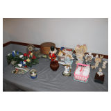 Angel Figurines, Artificial Flowers, Snow Globe, Wicker Basket with Lid, Nut Cracker, Sewing Fabric, and Misc.