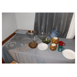 Egg Plate, Glass Serving Plate, Corning Vision Glass Bowl, Stone Pitcher, Mugs, Fruit Canisters, and Misc.