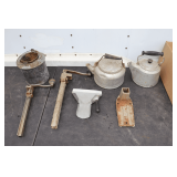 (2) Metal Pitchers, No. 2 and No. 7 Commercial Can Openers, Brass Grease Bucket, and Metal Scoop